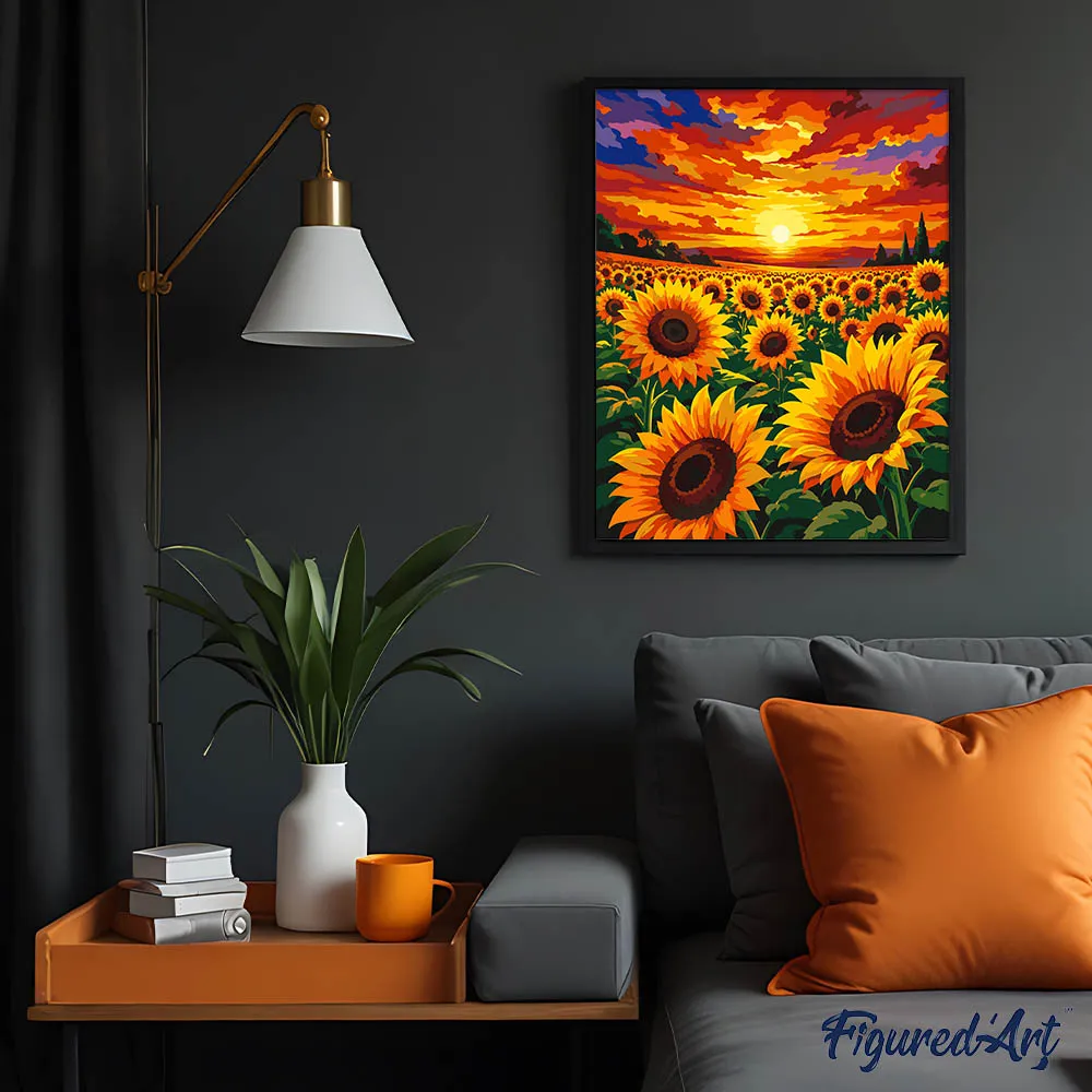 Figured'Art Zonnebloemenveld bij Zonsondergang Schilderen op Nummer 40x50 cm