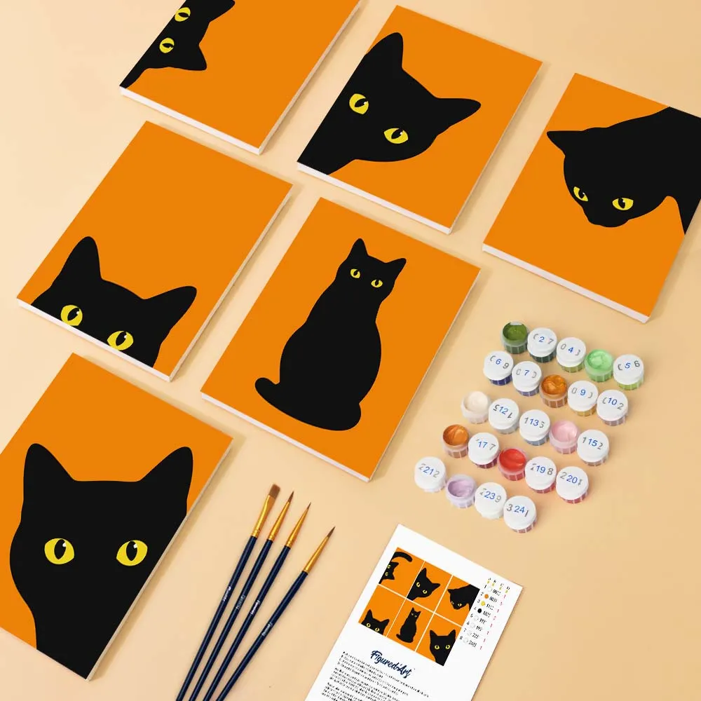 Figured'Art Mini Serie Zwarte Kat Kiekeboe schilderen op nummer 15x20cm 6 stuks