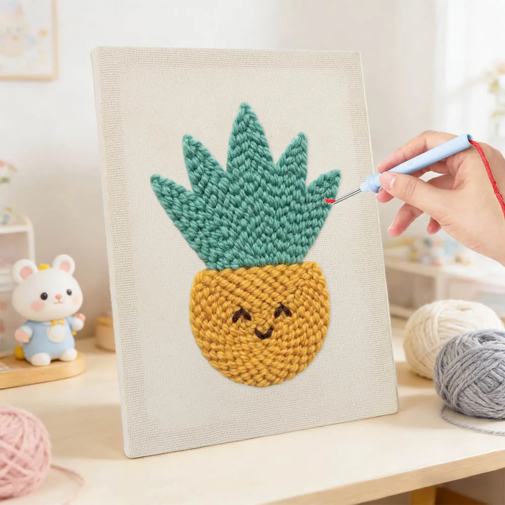 Figured'Art Zonnige Ananas punch needle pakket met frame katoen