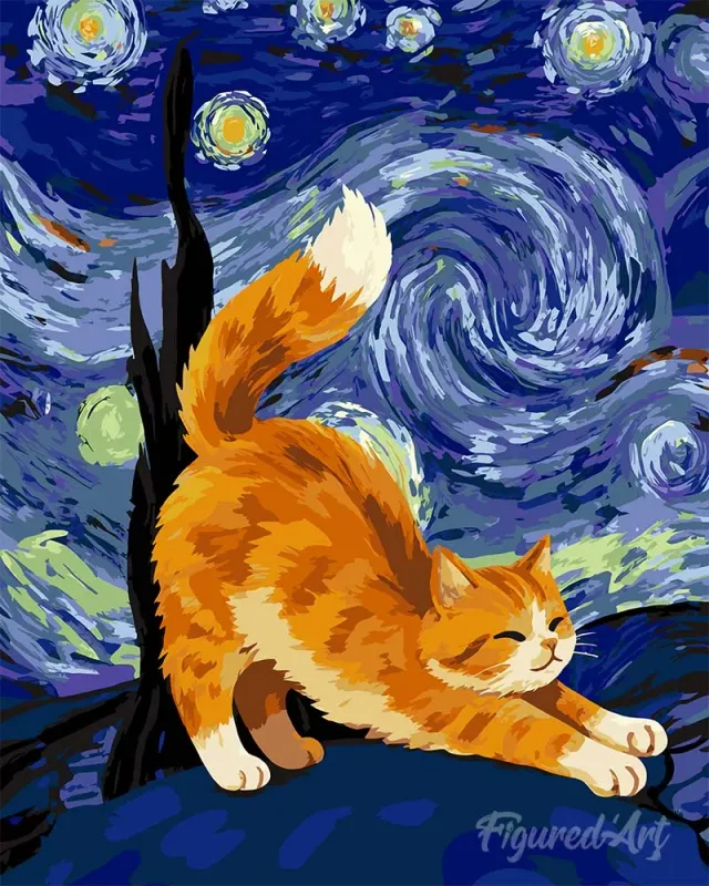 Figured'Art Rode Kat in de Sterrennacht schilderen op nummer 40x50cm