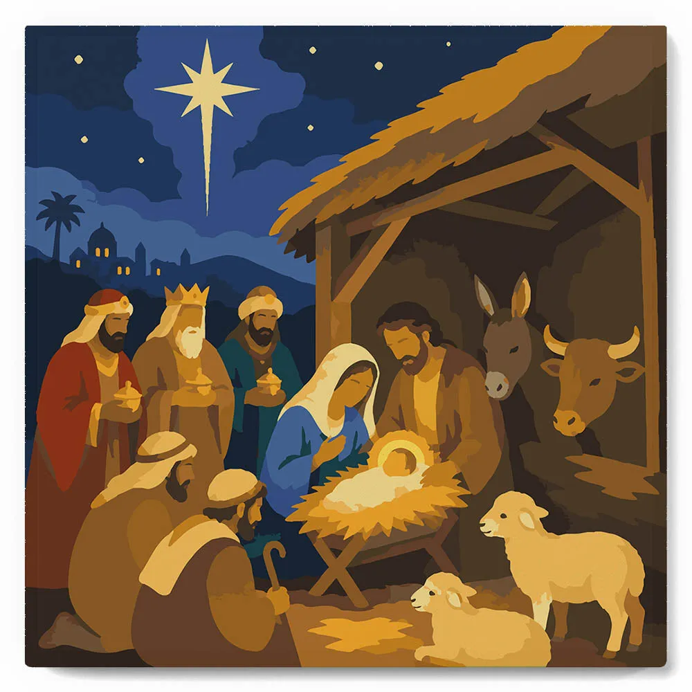 Figured'Art Mini Kerststal schilderen op nummer 20x20cm met frame