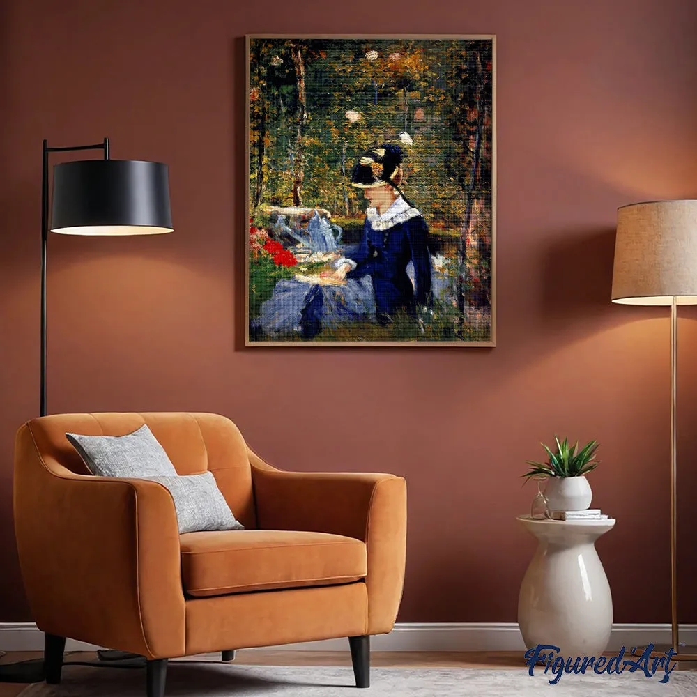 Figured'Art Jonge vrouw in de tuin Manet diamond painting 40x50 cm
