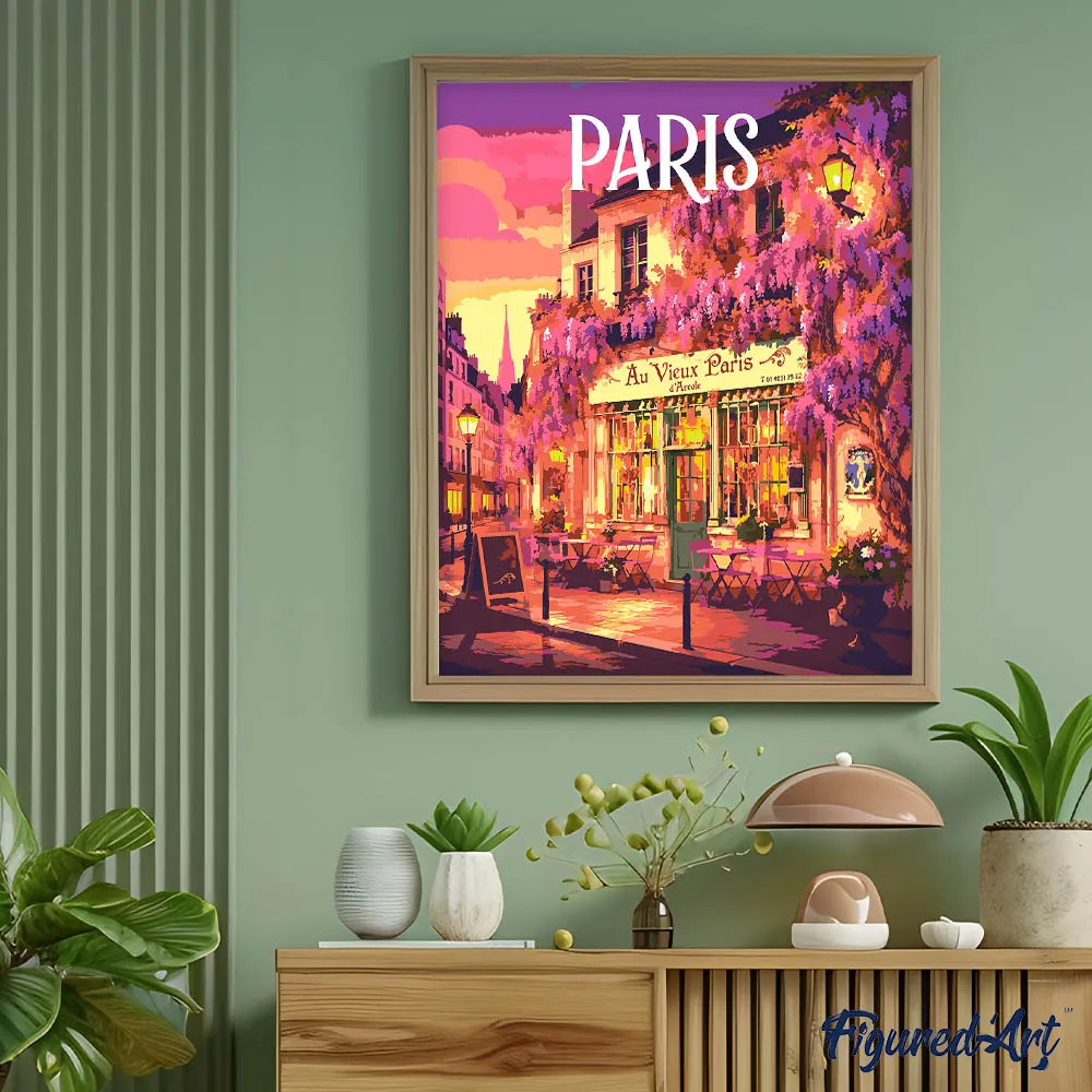 Figured'Art Reisposter Wisteria café Parijs schilderen op nummer 40x50 cm