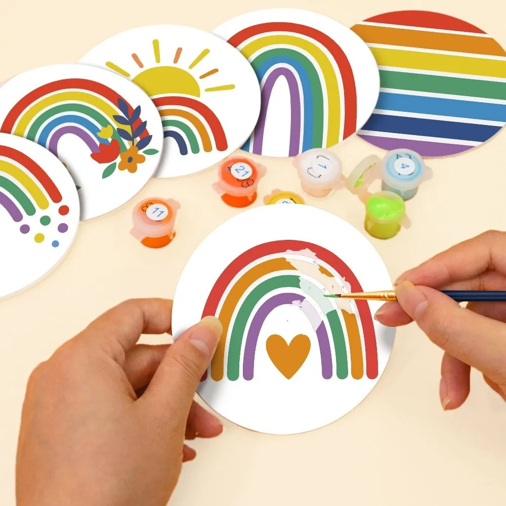 Figured'Art Kleurrijke regenboog schilderen op nummer onderzetters 10cm 6 stuks