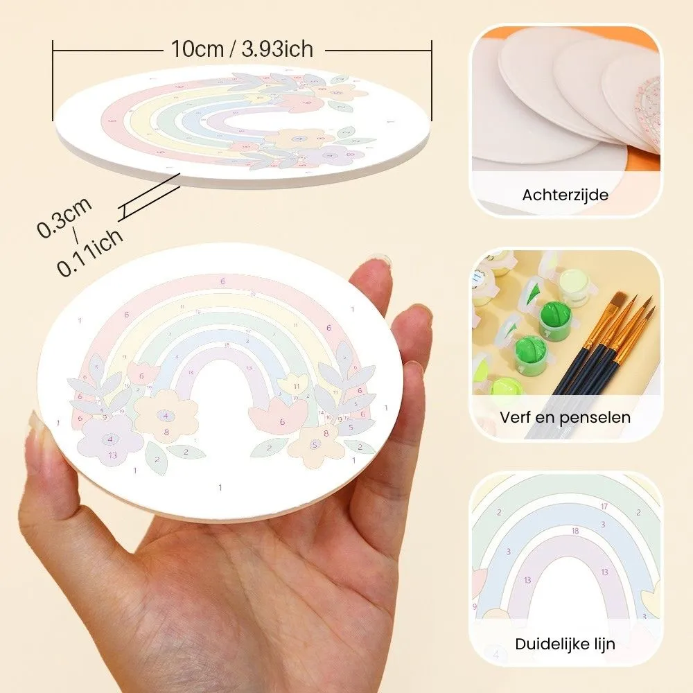 Figured'Art Kleurrijke regenboog schilderen op nummer onderzetters 10cm 6 stuks