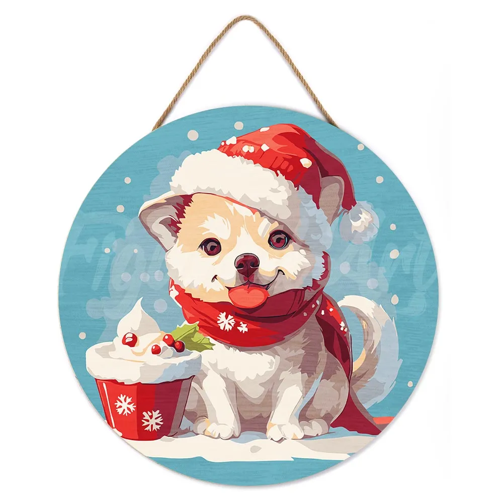 Figured'Art Kerstpuppy schilderen op nummer houten schijf 30 cm