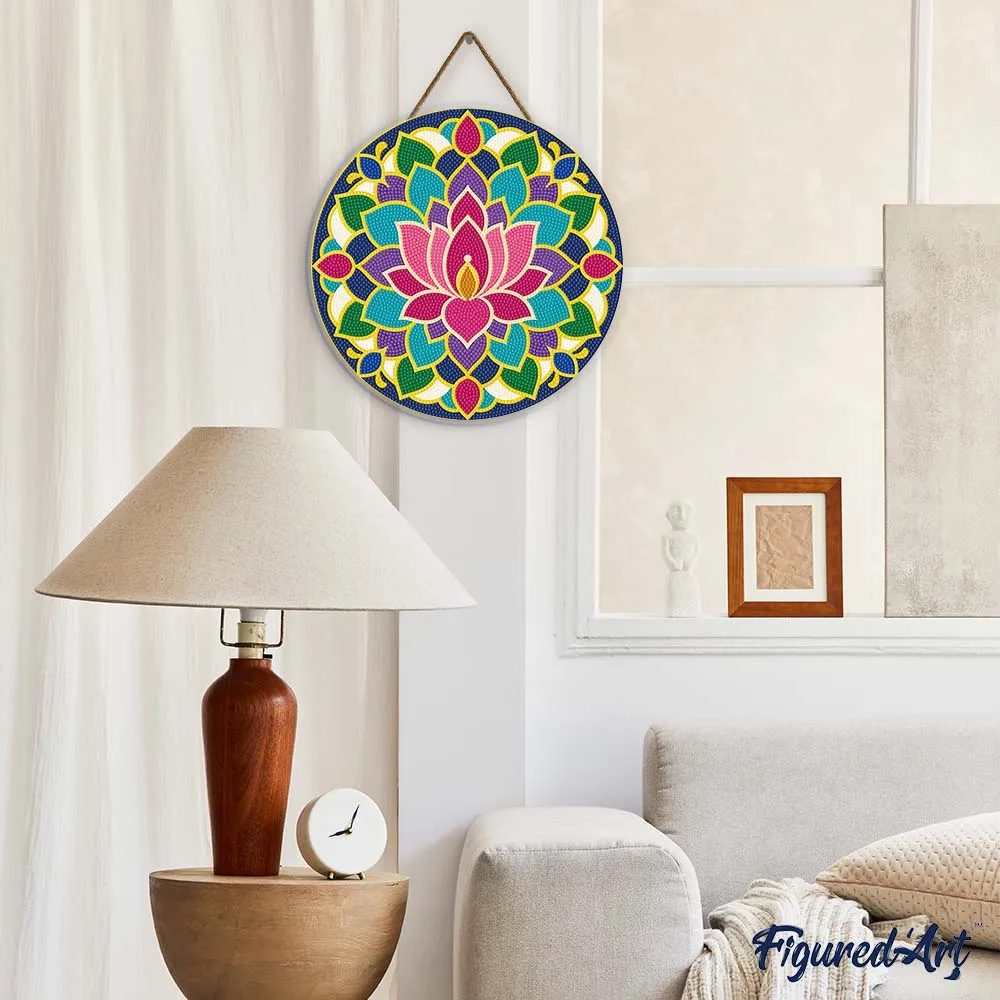Figured'Art Lotusmandala diamond painting houten schijf 30cm rond