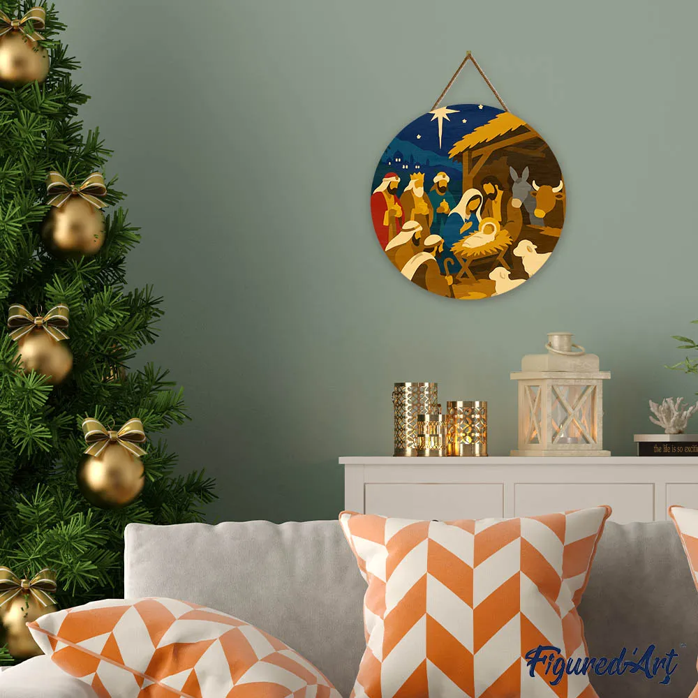 Figured'Art Kerststal schilderen op nummer houten schijf 30cm