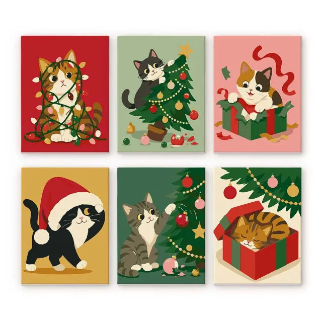 Figured'Art Kerstplezier Kittens mini schilderen op nummer 15x20cm 6 stuks