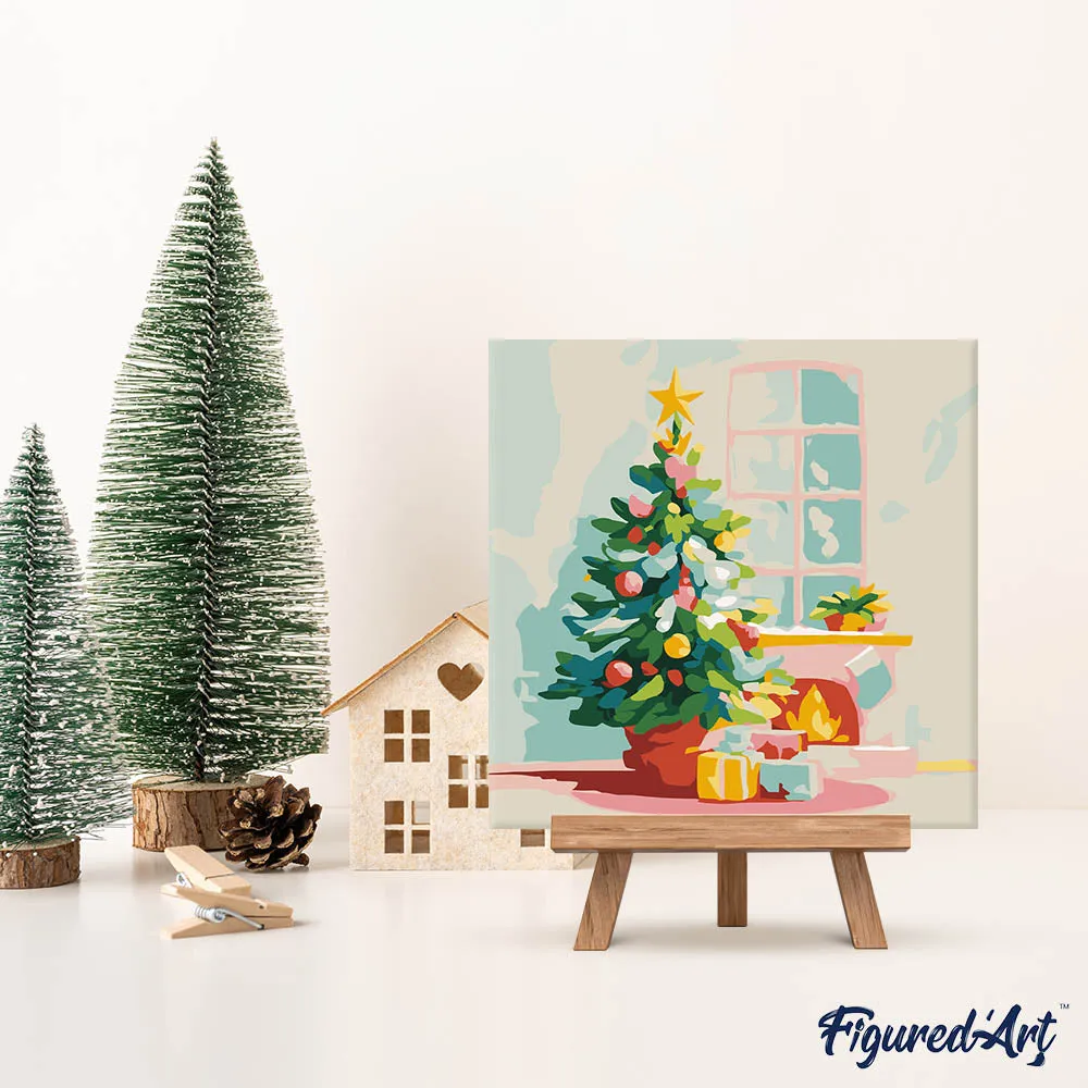 Figured'Art Mini Schilderen op Nummer Kerstboom open haard 20x20 ingelijst