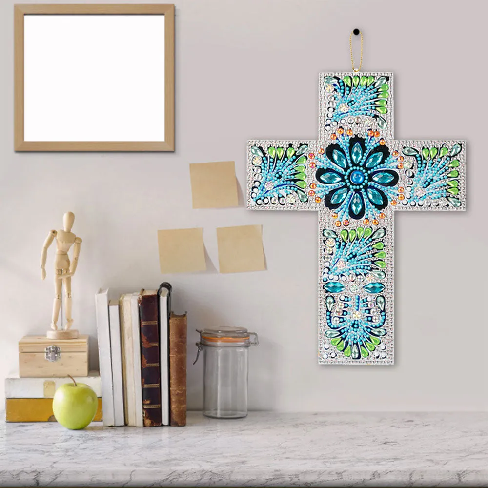 Figured'Art Blauwe Kruis hanger diamond painting 25x18cm strass