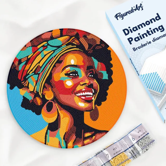 Figured'Art Afrikaanse Koningin Pop Art diamond painting hout 30 cm rond