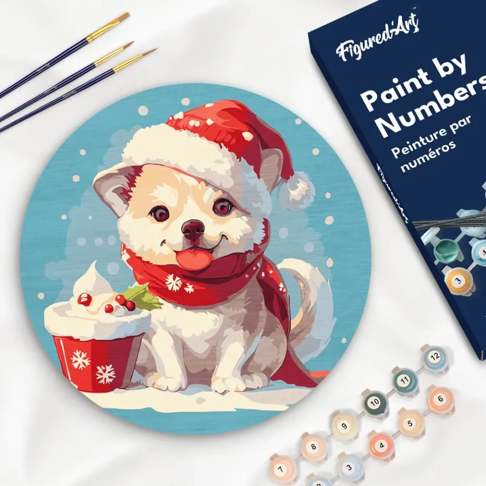 Figured'Art Kerstpuppy schilderen op nummer houten schijf 30 cm