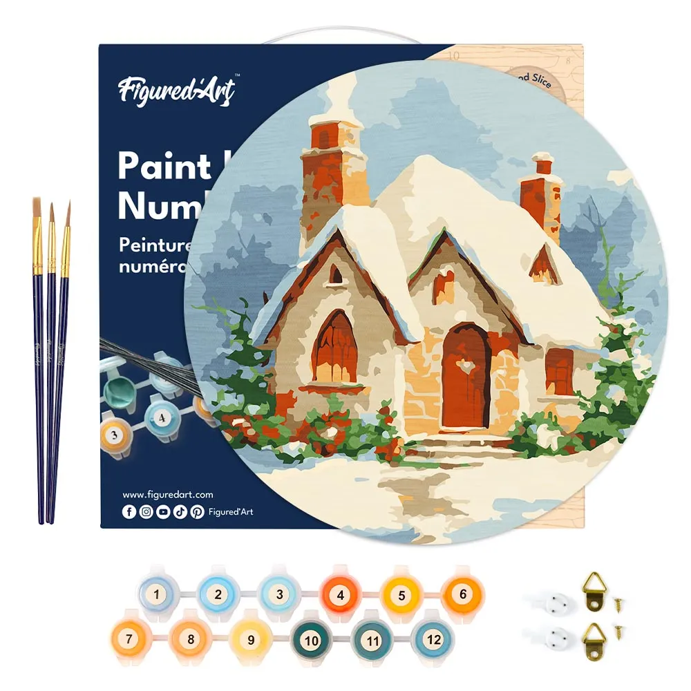 Figured'Art Bakstenen Huis Winter Schilderen op Hout 30 cm Rond