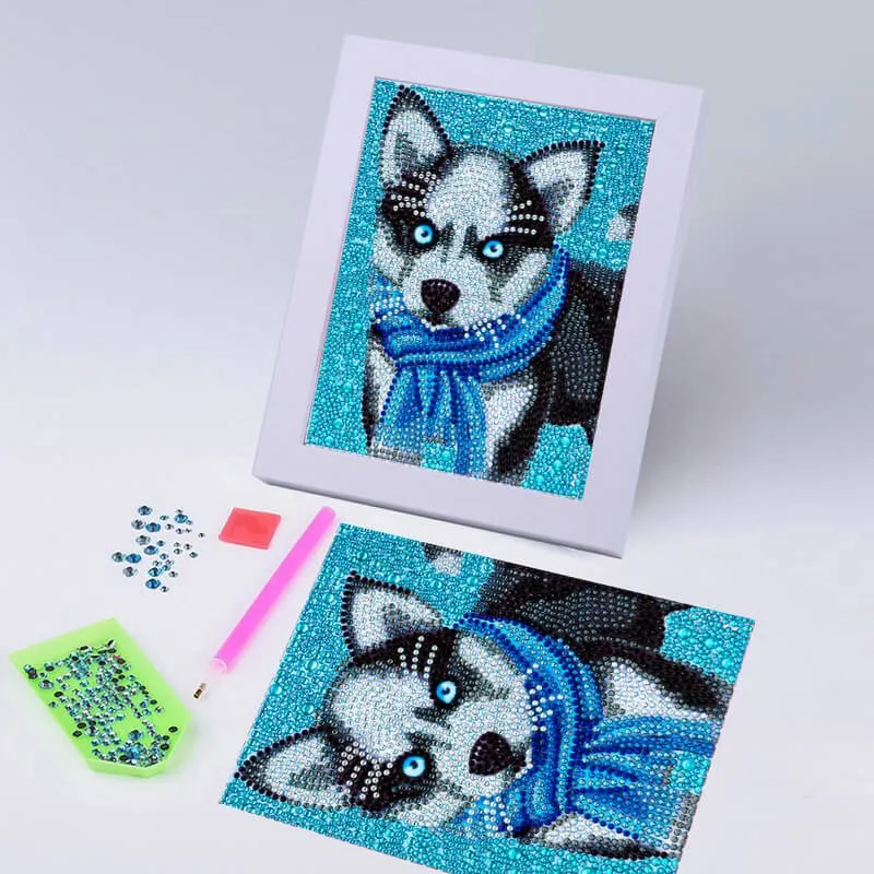 Figured'Art Husky diamond painting 15x20cm met lijst rond