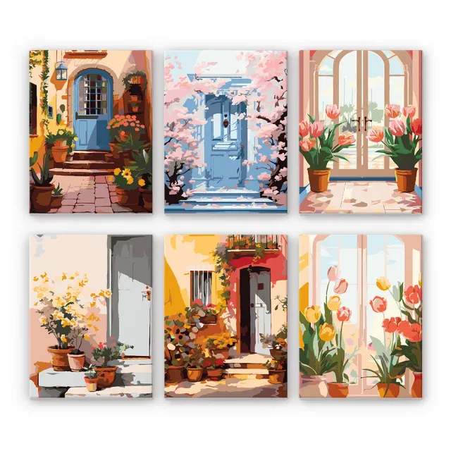 Figured'Art Mini Europese Architectuur en Bloemen schilderen op nummer 6 stuks