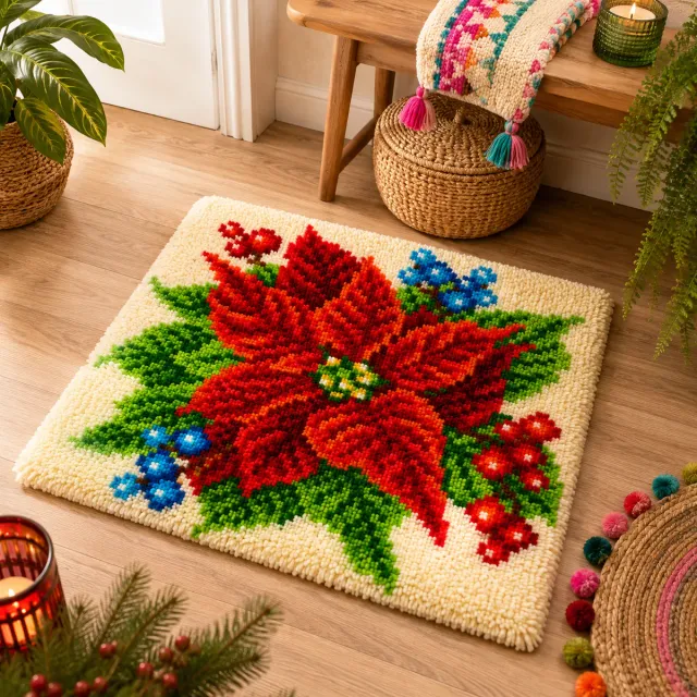 Craft Buddy Poinsettia and Berries kussen knoop-pakket 48x48 cm