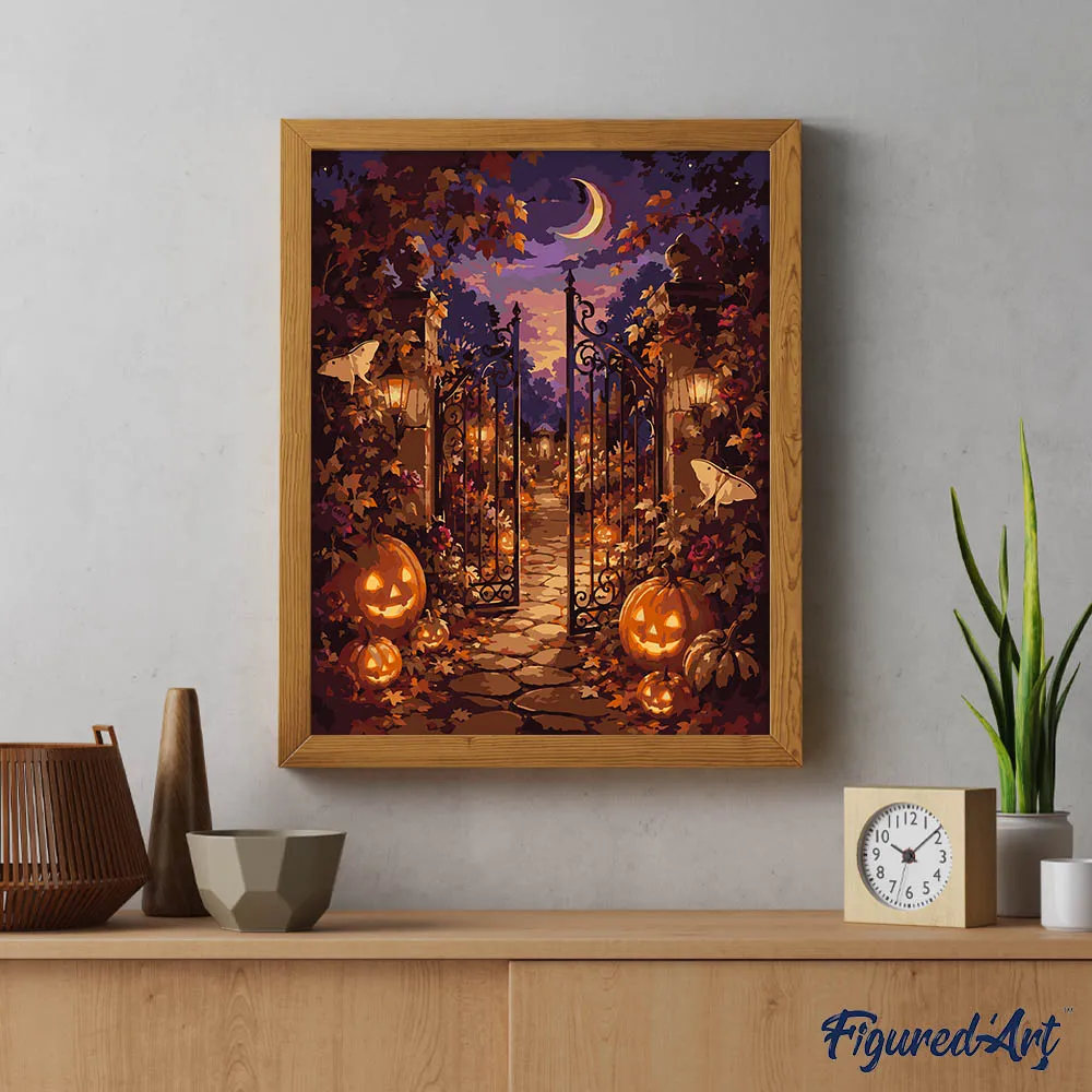 Figured'Art Tuinhek Halloween-pompoenen schilderen op nummer 40x50