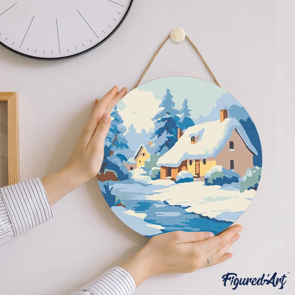 Figured'Art Winterhuisje schilderen op nummer hout 30 cm