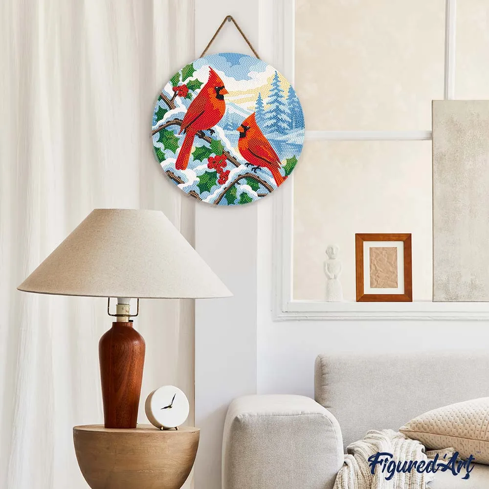 Figured'Art Winterkardinalen Diamond Painting Houten Schijf 30cm