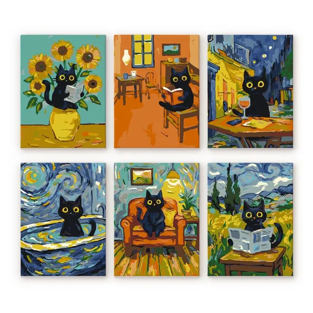 Figured'Art Kat in Van Gogh-stijl schilderen op nummer 6 stuks