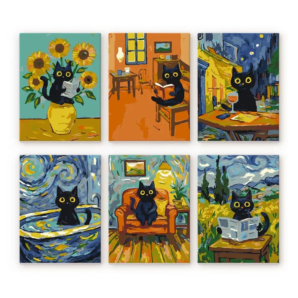 Figured'Art Kat in Van Gogh-stijl schilderen op nummer 6 stuks