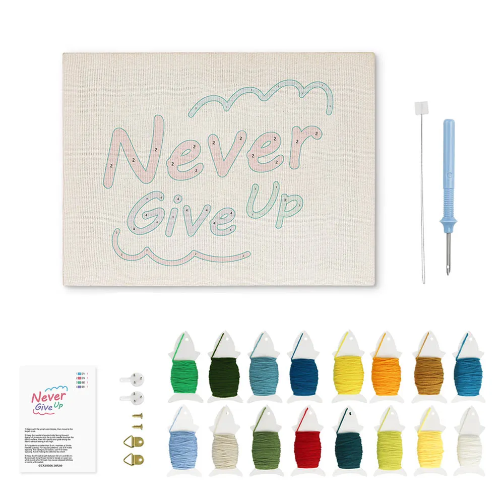 Figured'Art Never Give Up punch needle pakket 20x30cm citaat