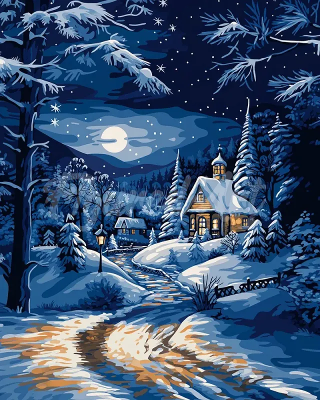 Figured'Art Winterhuisje bij Maanlicht diamond painting 40x50 cm
