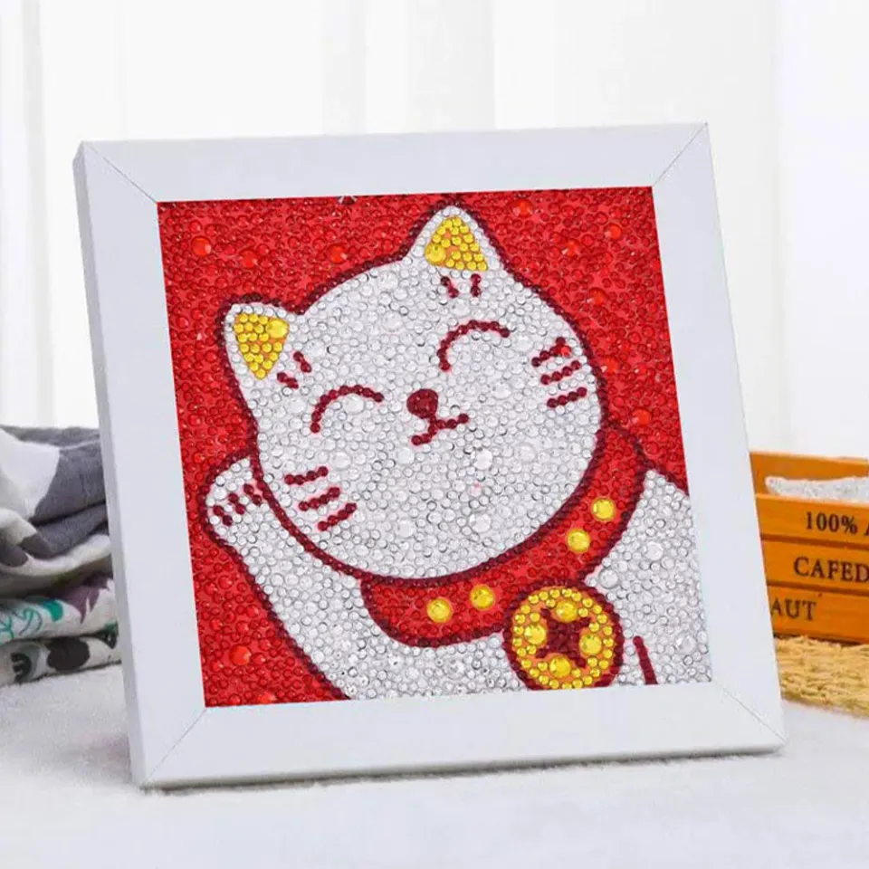 Figured'Art Kat diamond painting 18x18cm rond met lijst