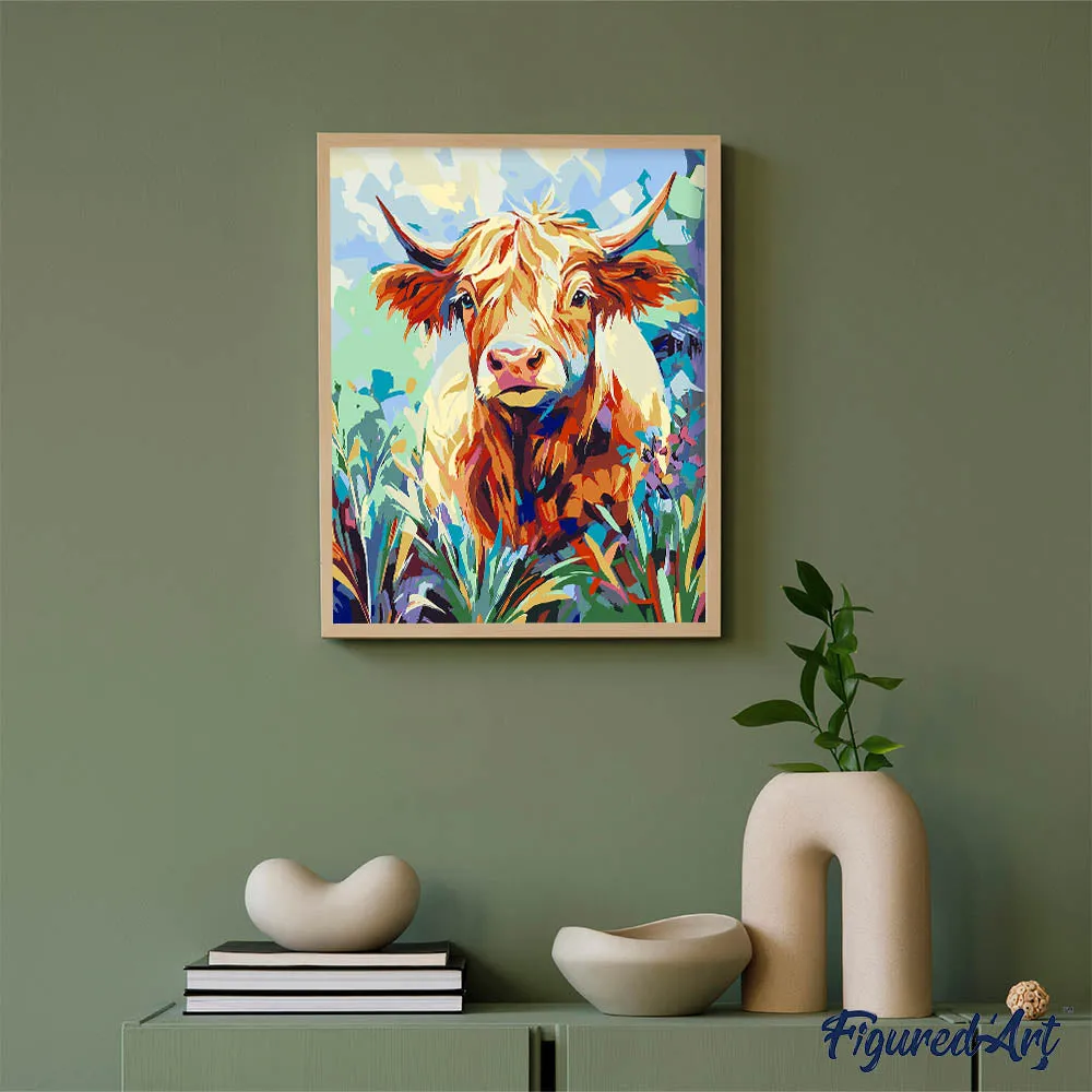 Figured'Art Schotse Hooglander in Bloei schilderen op nummer 40x50 dier