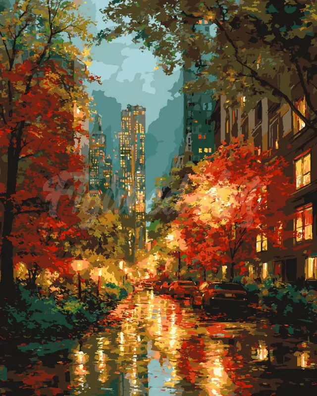 Figured'Art Stadslichten herfst schilderen op nummer 40x50cm linnen