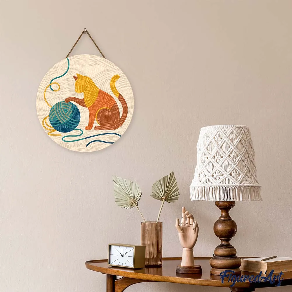 Figured'Art Kat en bol garen diamond painting hout 30 cm rond