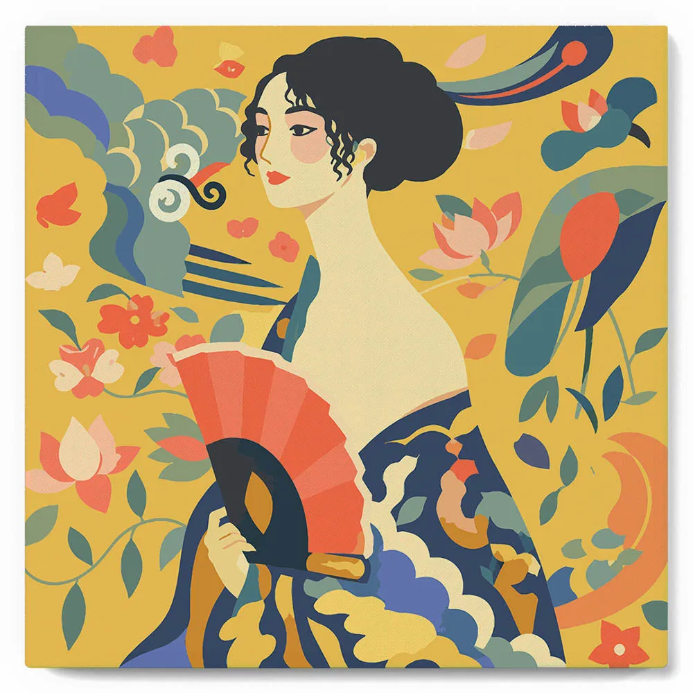 Figured'Art Dame met waaier Klimt mini schilderen op nummer 20x20 cm frame