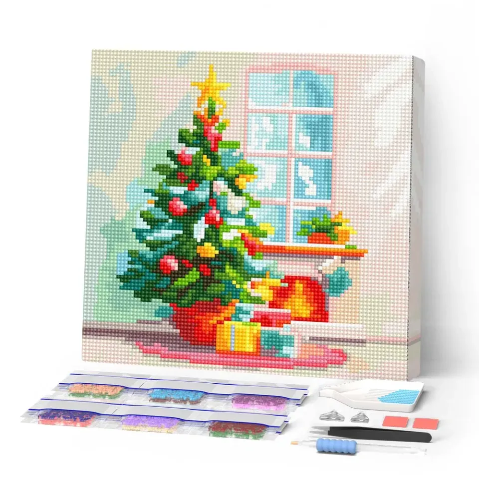 Figured'Art Kerstboom en open haard mini diamond painting 25x25