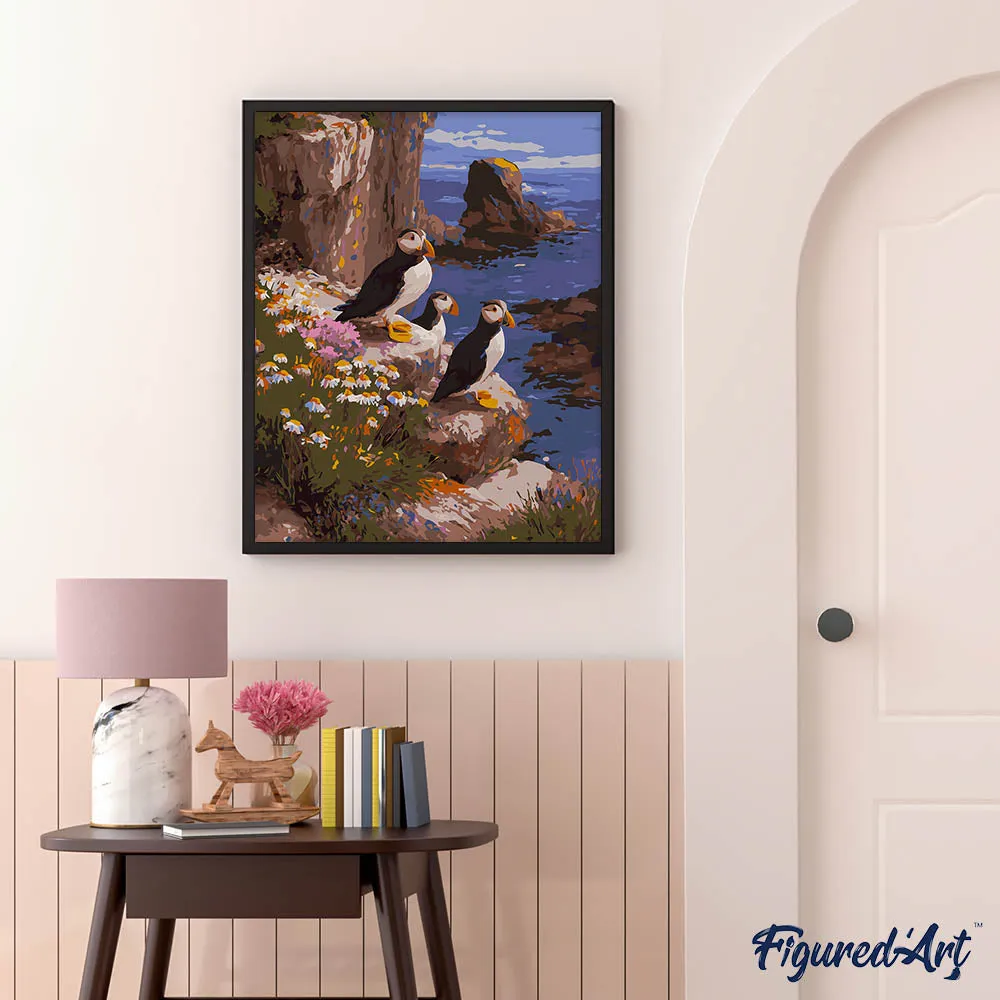 Figured'Art Papegaaiduiker zonsondergang kliffen schilderen op nummer 40x50 cm