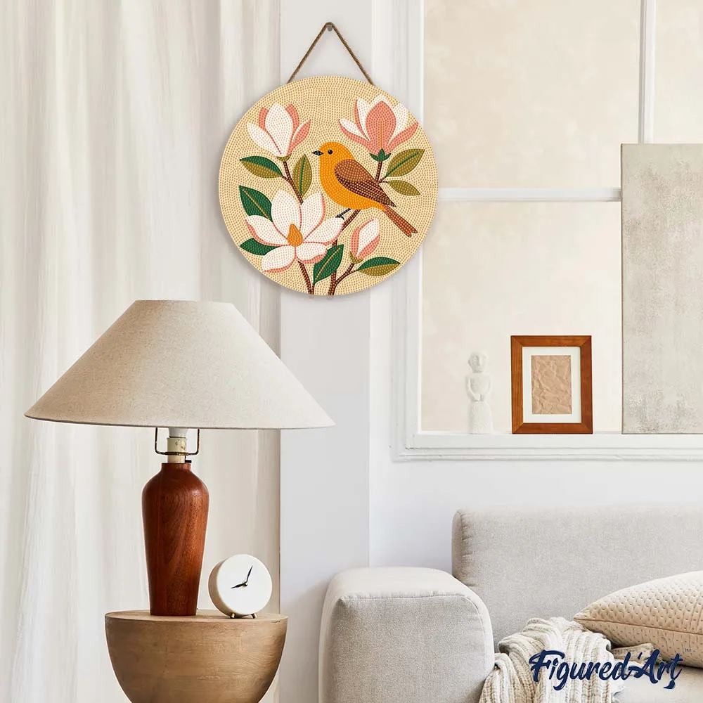 Figured'Art Nachtegaal en magnolia's diamond painting hout 30cm rond