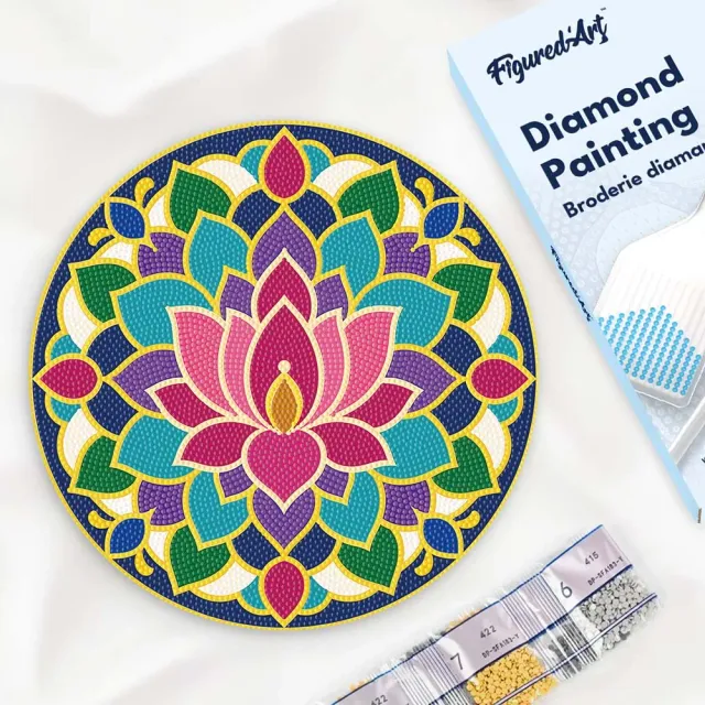 Figured'Art Lotusmandala diamond painting houten schijf 30cm rond