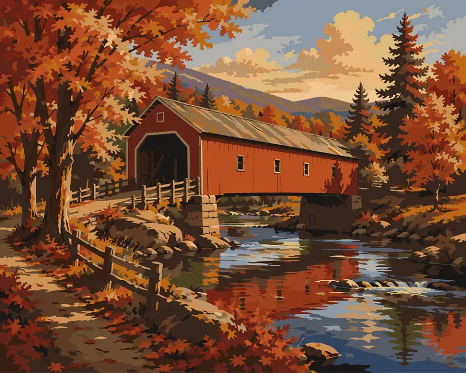 Figured'Art Overdekte Brug in de Herfst schilderen op nummer 40x50 cm herfst