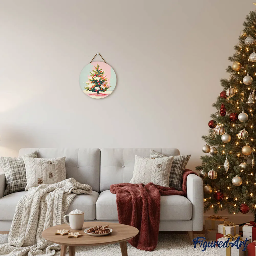 Figured'Art Besneeuwde kerstboom schilderen op nummer schijf 30 cm eenvoudig