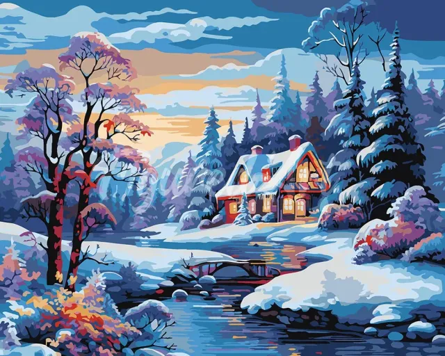 Figured'Art Winterhuisje aan de Rivier schilderen op nummer 40x50 cm