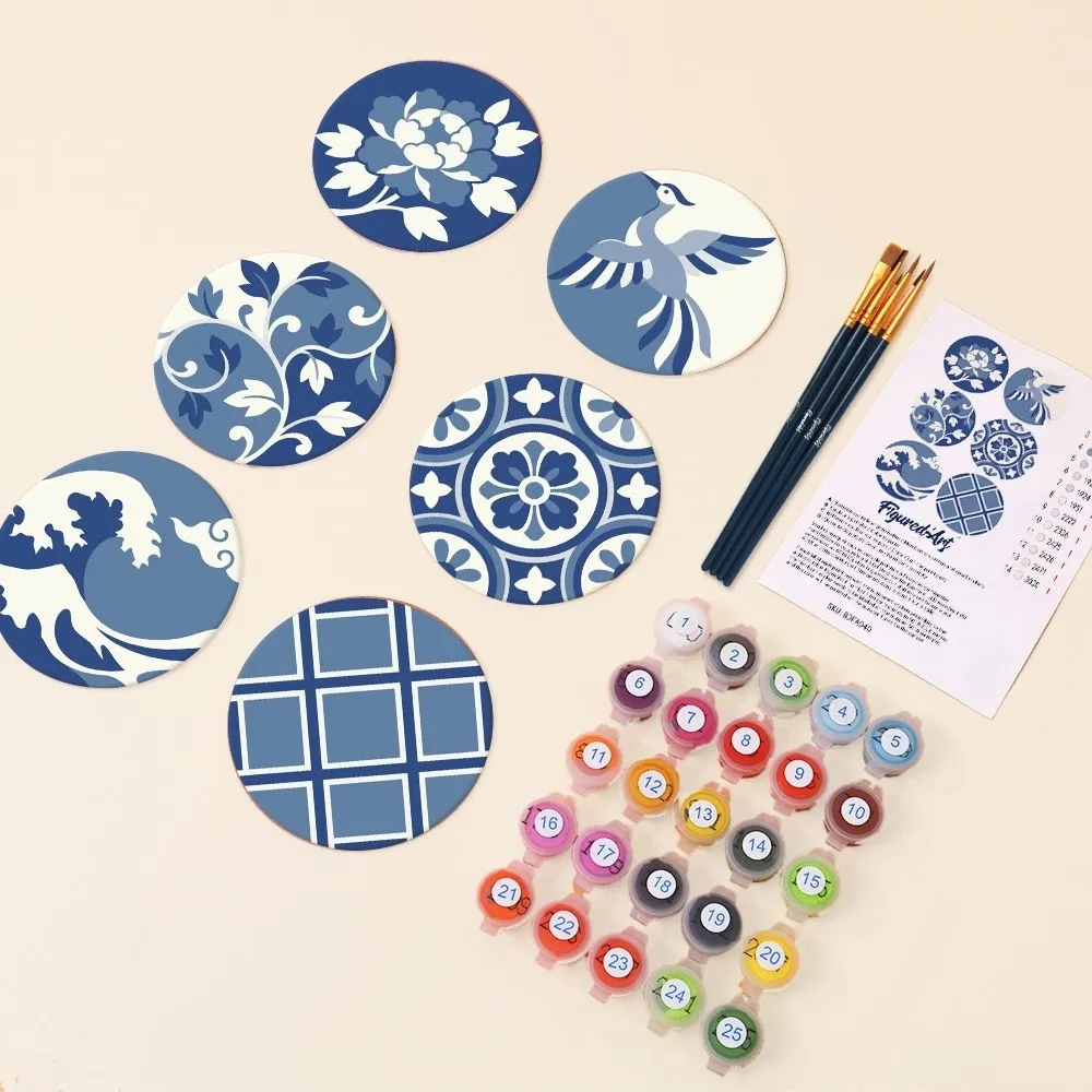Figured'Art Mediterraan Blauw schilderen op nummer onderzetters 6 stuks