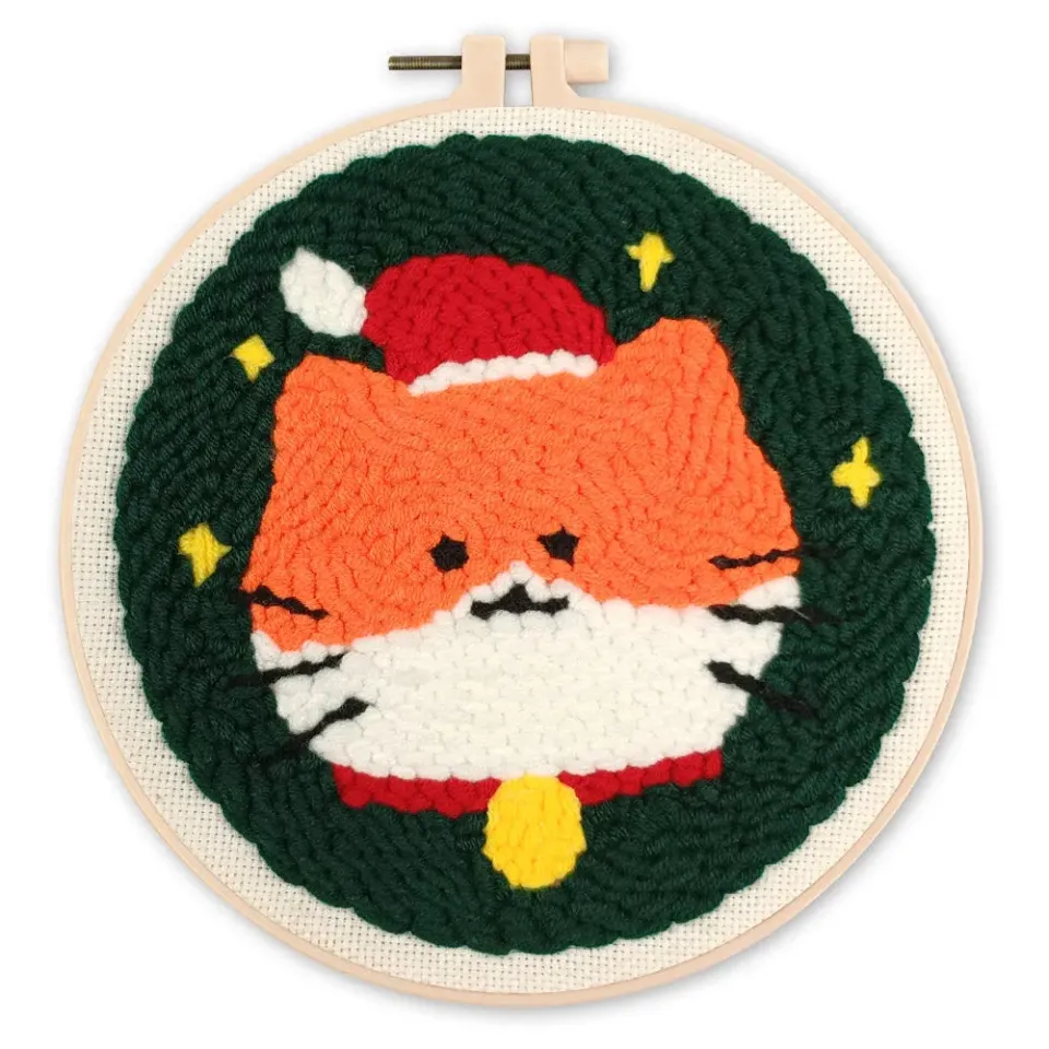 Figured'Art Punch Needle pakket Kerstkat 20 cm wol