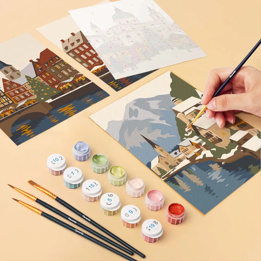 Figured'Art Winterdorp mini schilderen op nummer 15x20 cm 6 stuks
