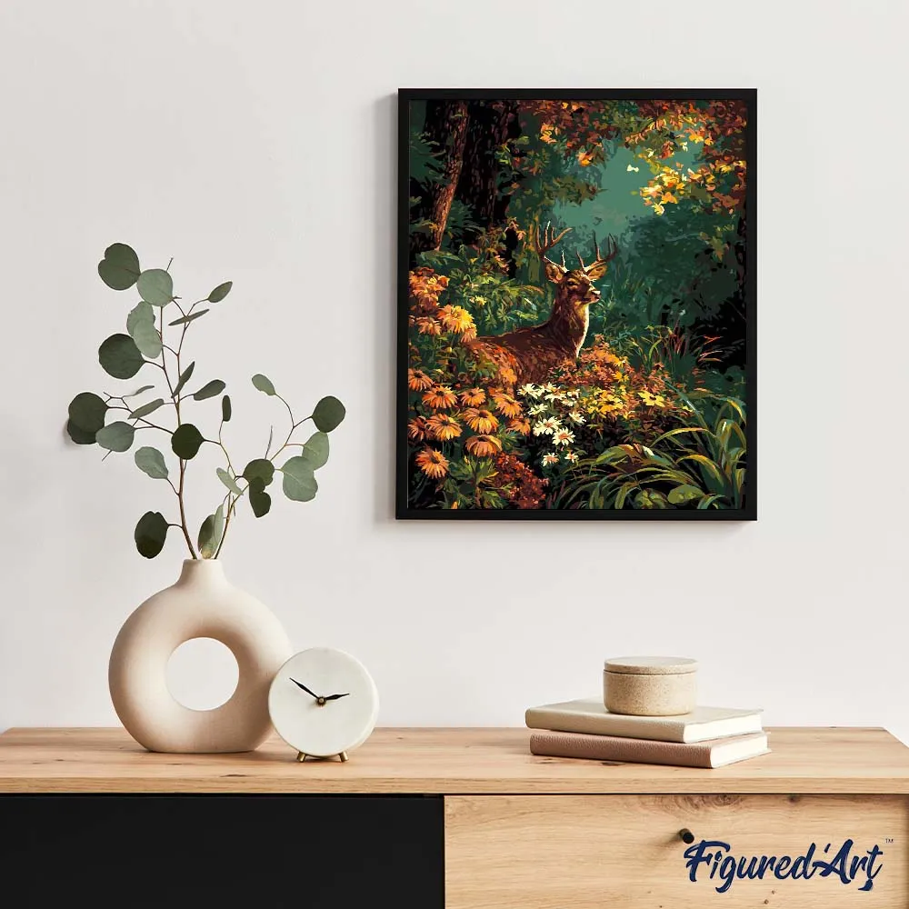 Figured'Art Hert tussen herfstbloemen schilderen op nummer 40x50 cm herfst