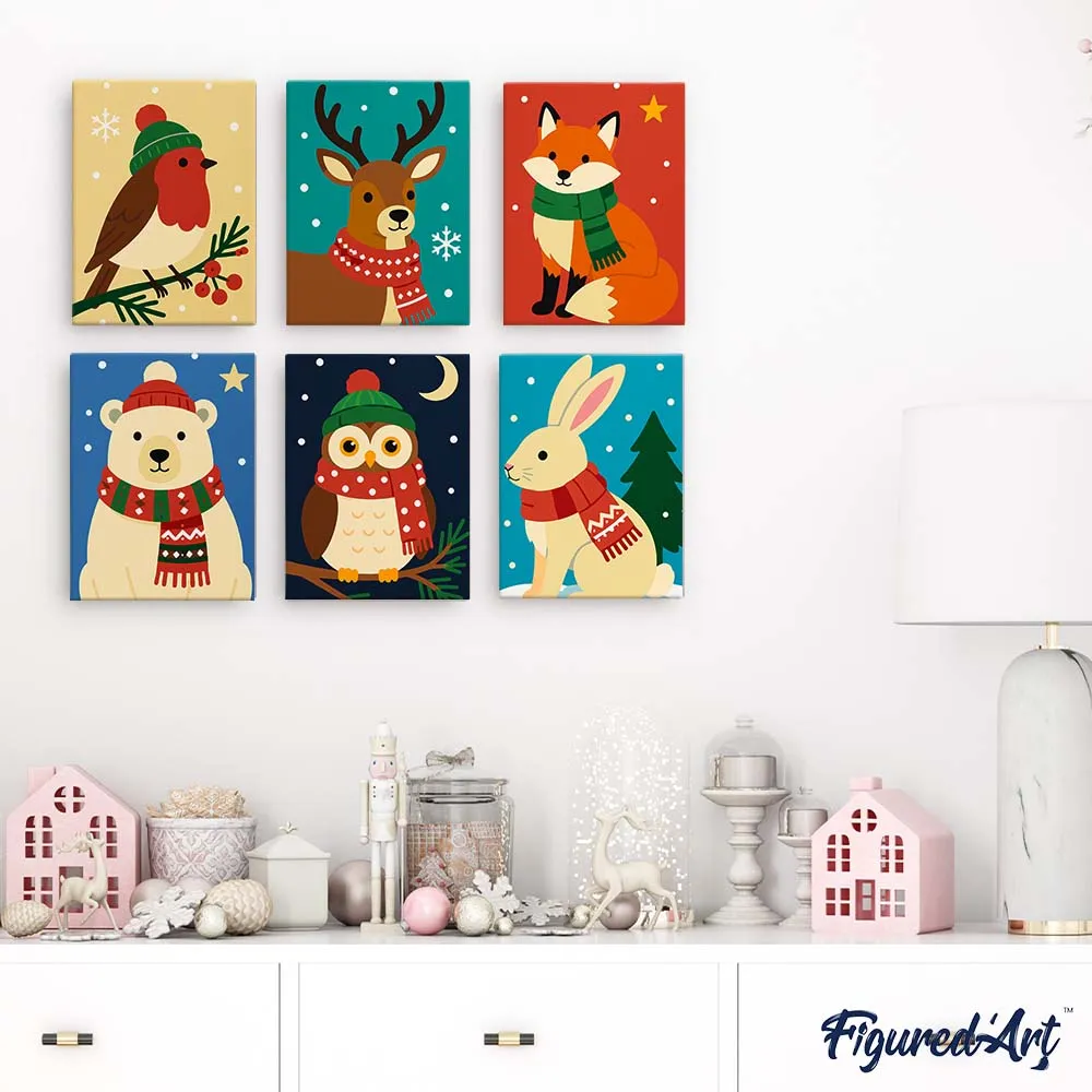 Figured'Art Winterdieren mini schilderen op nummer 15x20 cm 6 stuks