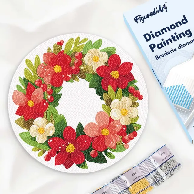Figured'Art Bloemige kerstkrans diamond painting hout 30cm