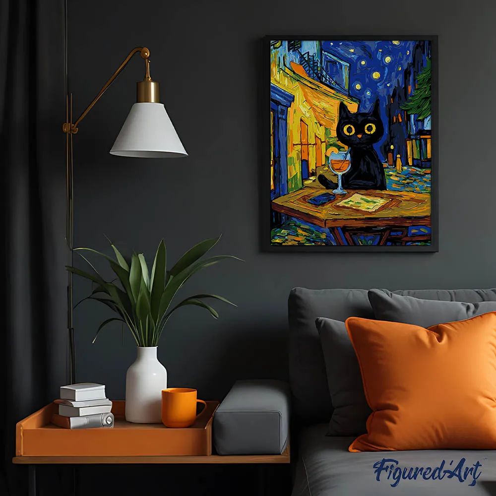 Figured'Art Middernachtcocktailkat schilderen op nummer 40x50 cm kat