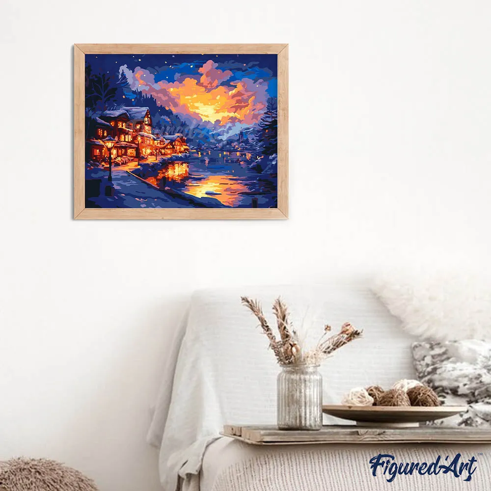 Figured'Art Verlicht Dorp aan het Meer schilderen op nummer 40x50cm winter