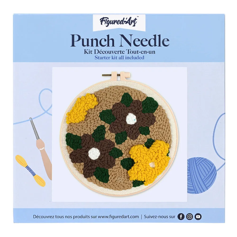 Figured'Art Punch Needle Pakket Gele en Bruine Bloemen 20 cm Wol