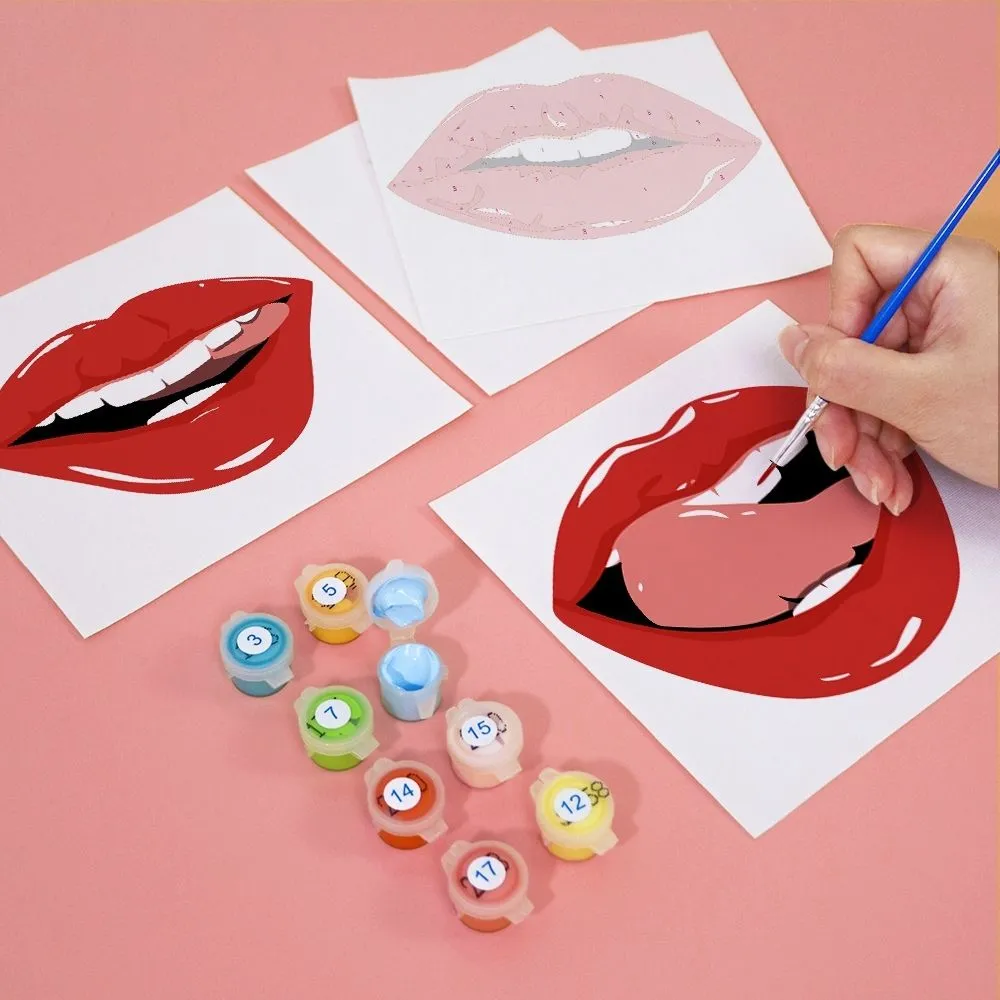 Figured'Art Rode Lippen mini schilderen op nummer 15x15 cm 6 stuks